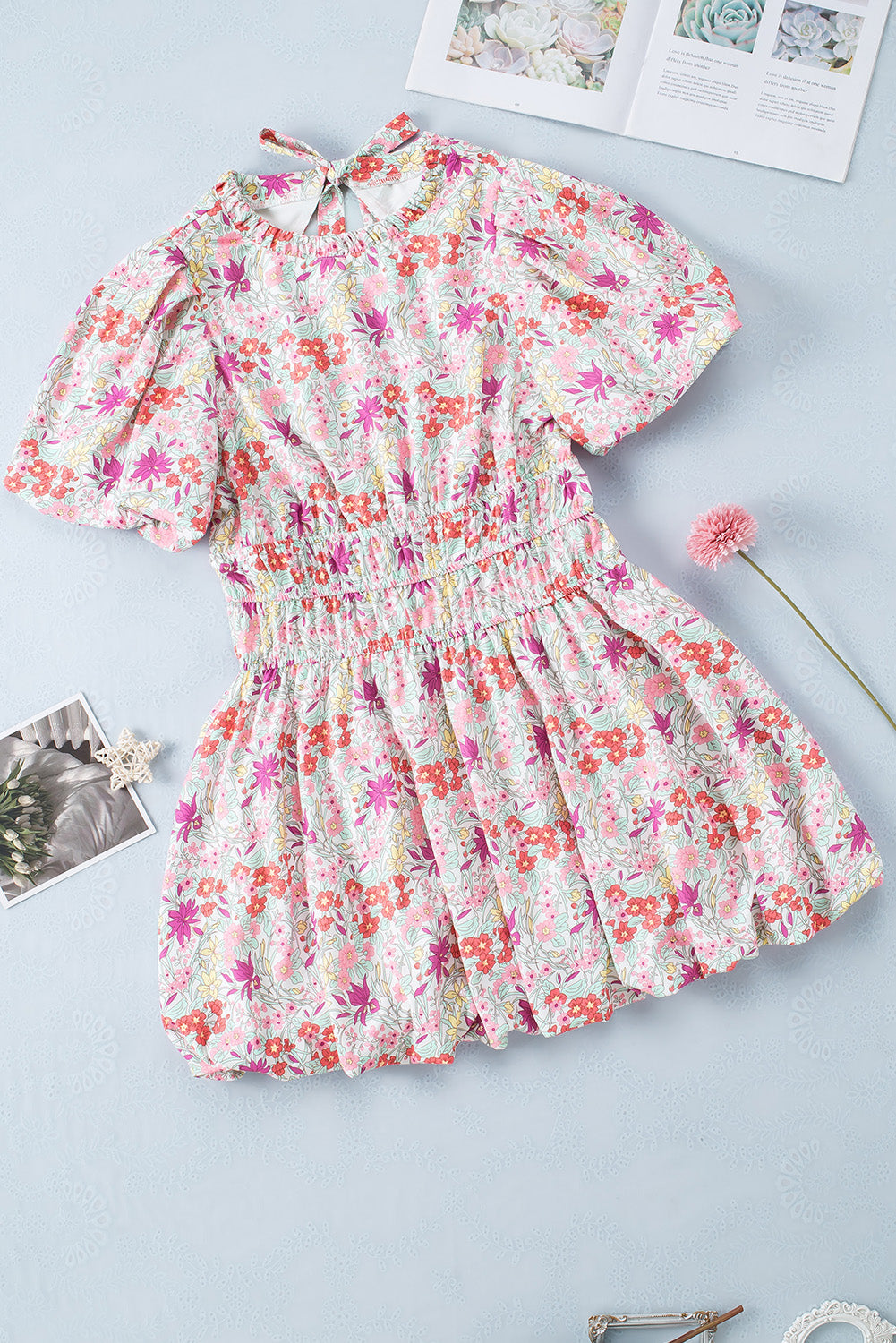 Red Puff Sleeve Smocked Waist Floral Dress