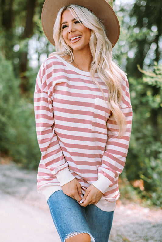 Pink Loose Long O Neck Sleeve Office Female Pocket Tops