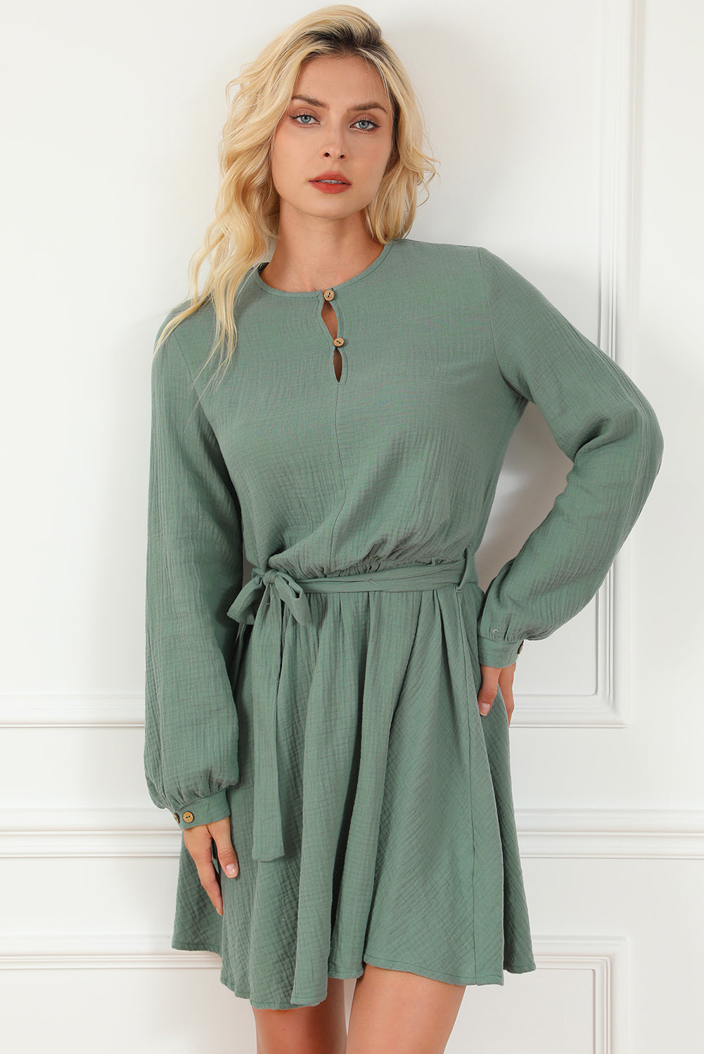 Pickle Green Button Neck Puff Sleeve Belted Pleated Mini Dress