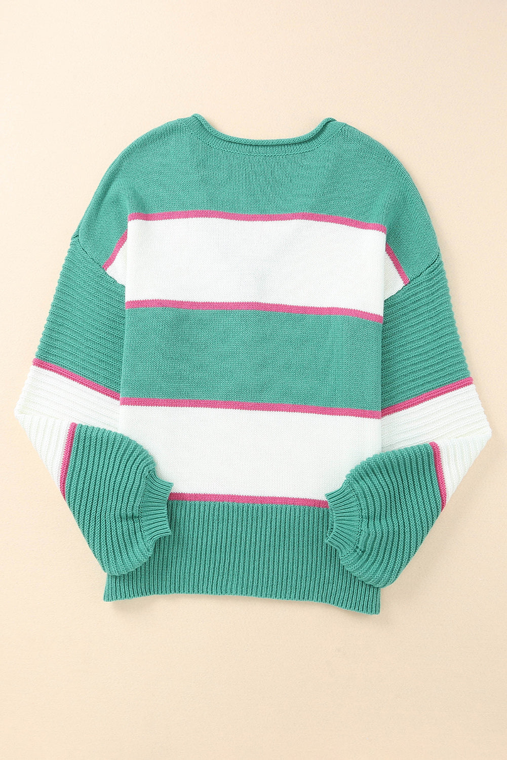 Green Striped Color Block Knitted Buttoned V Neck Sweater