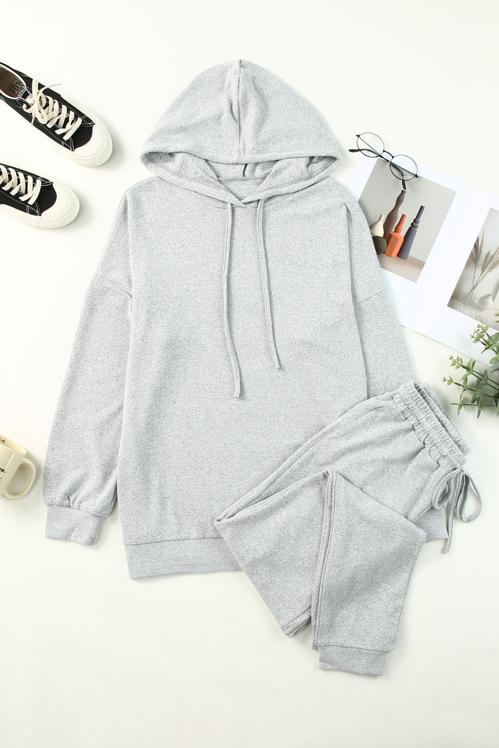 Gray Hooded Drawstring High Waist Two Piece Loungewear