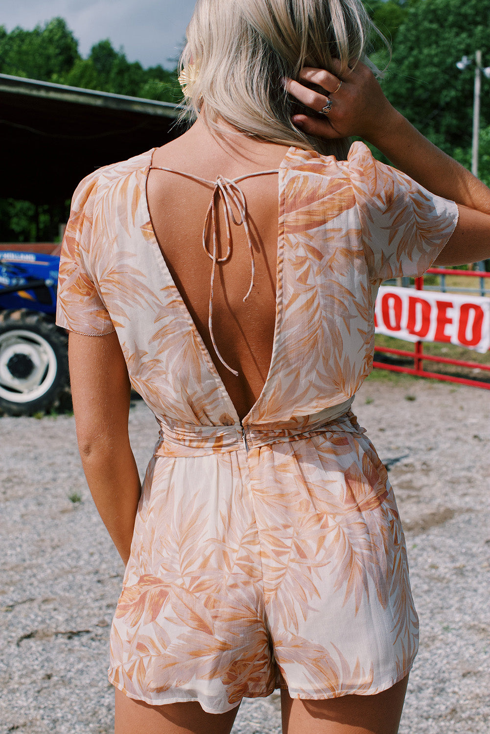 Khaki Tropical Leaf Print Button Belted Chiffon Romper