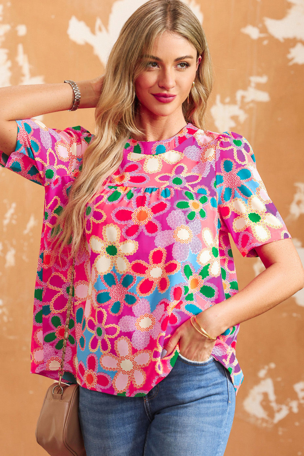 Purple Boho Flower Print Puff Short Sleeve Top