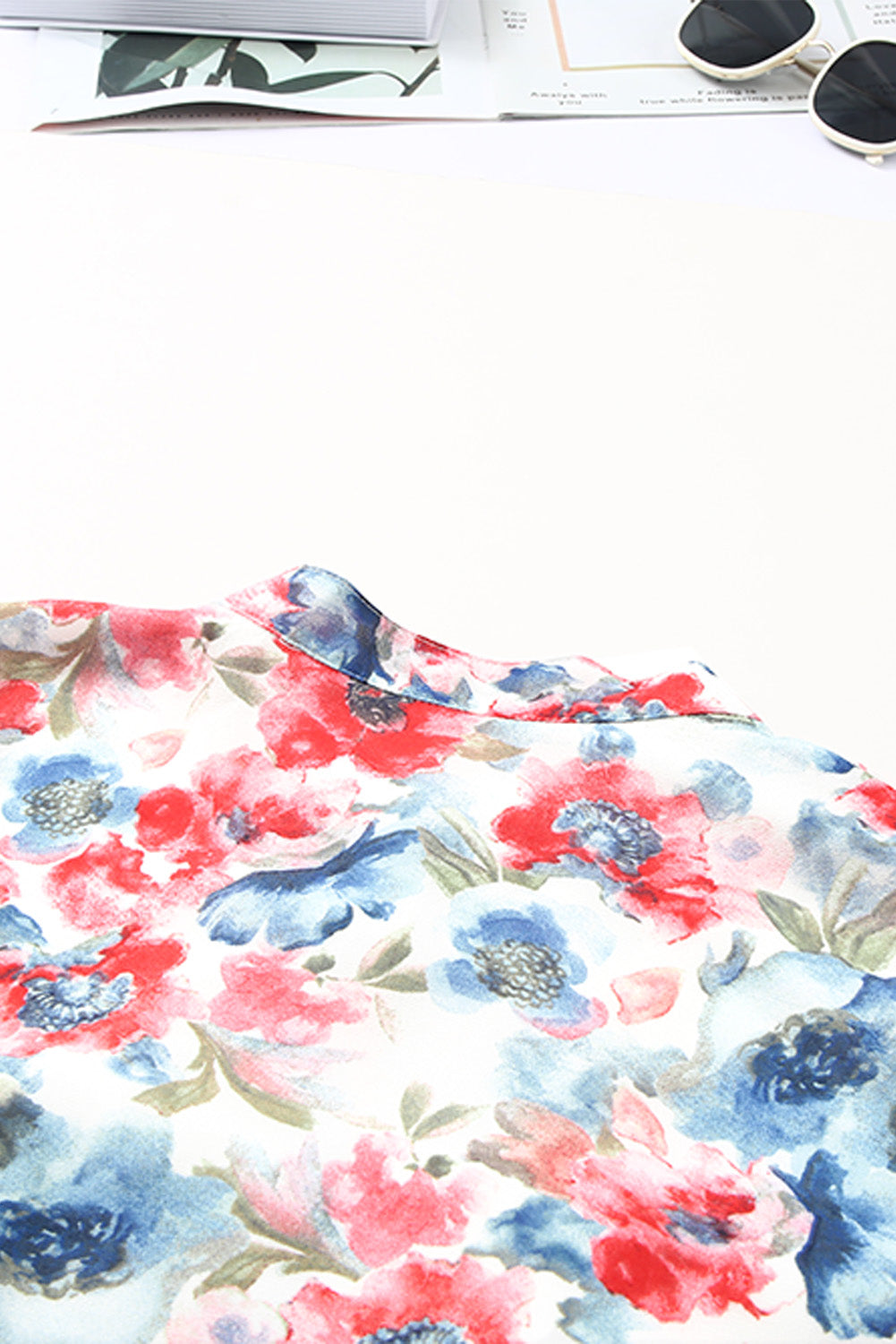 Sky Blue Vintage Floral Print Drawstring Flowy Dress