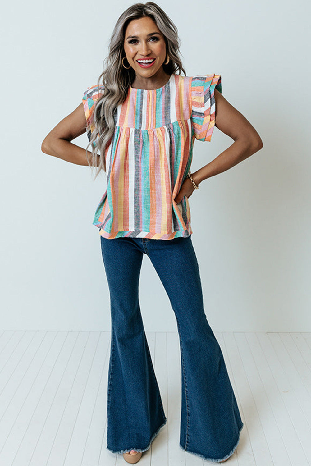 Multicolor Striped Tiered Ruffle Cap Sleeve Top