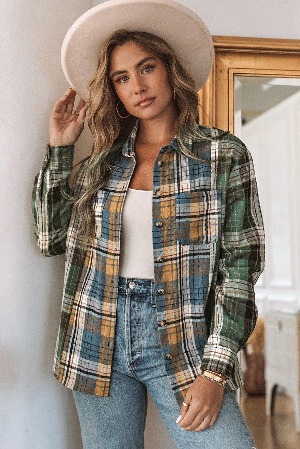 Green Chest Pockets Button Up Plaid Shacket