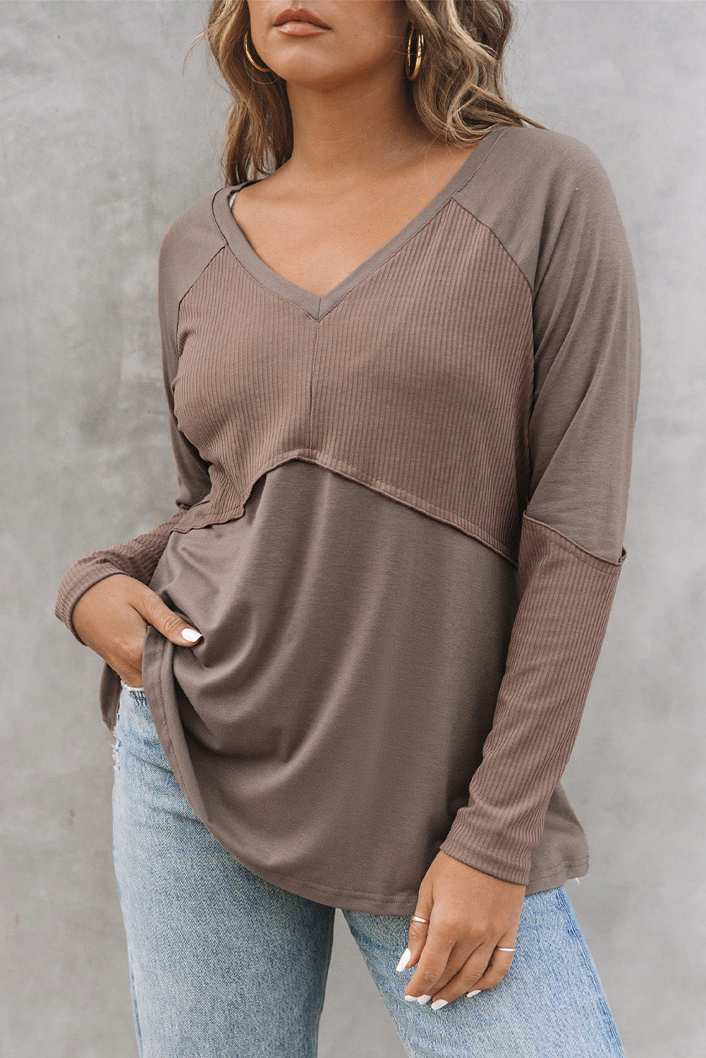 Khaki Ribbed Patchwork V Neck Long Sleeve Top