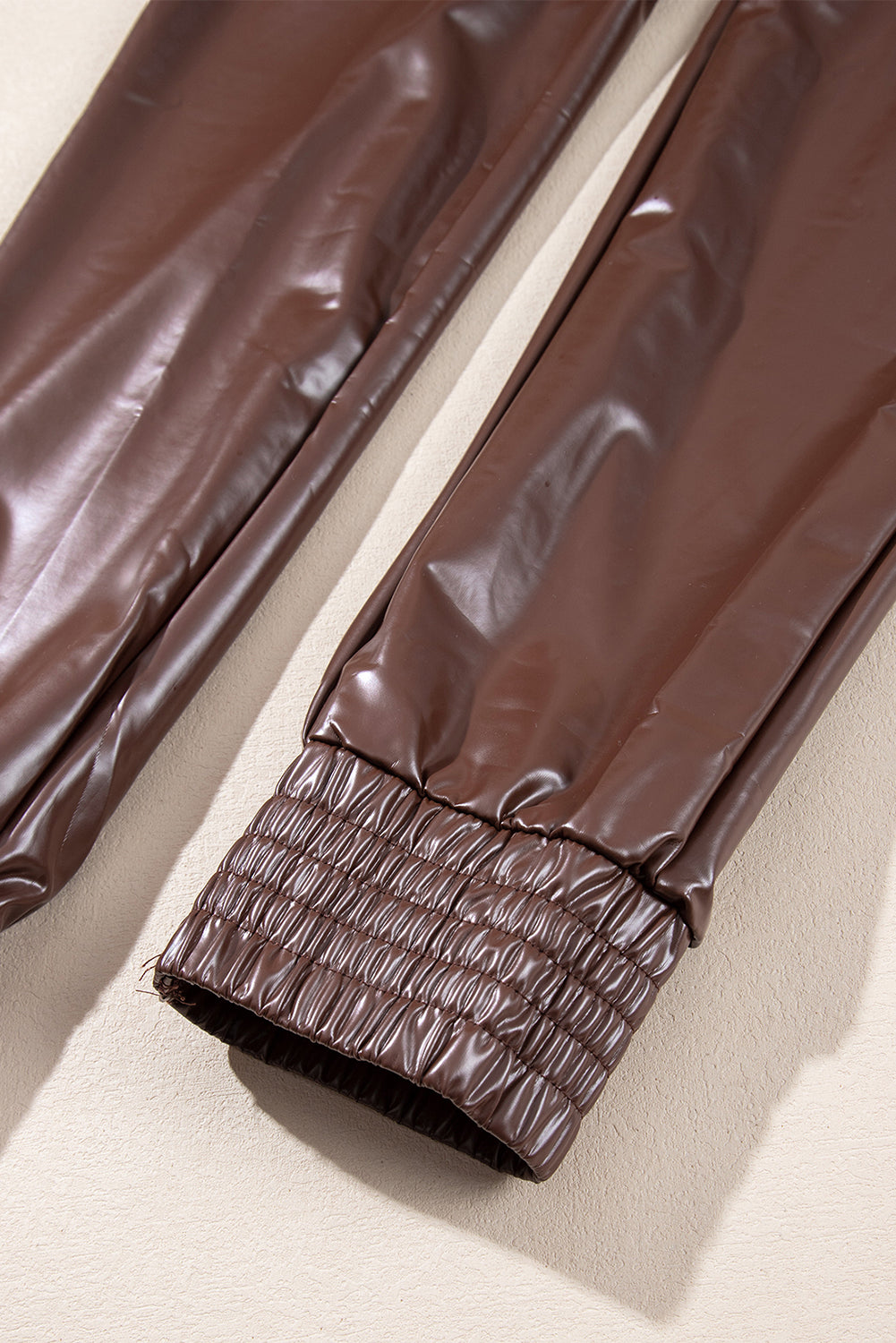 Brown Smocked High-Waist Leather Skinny Pants