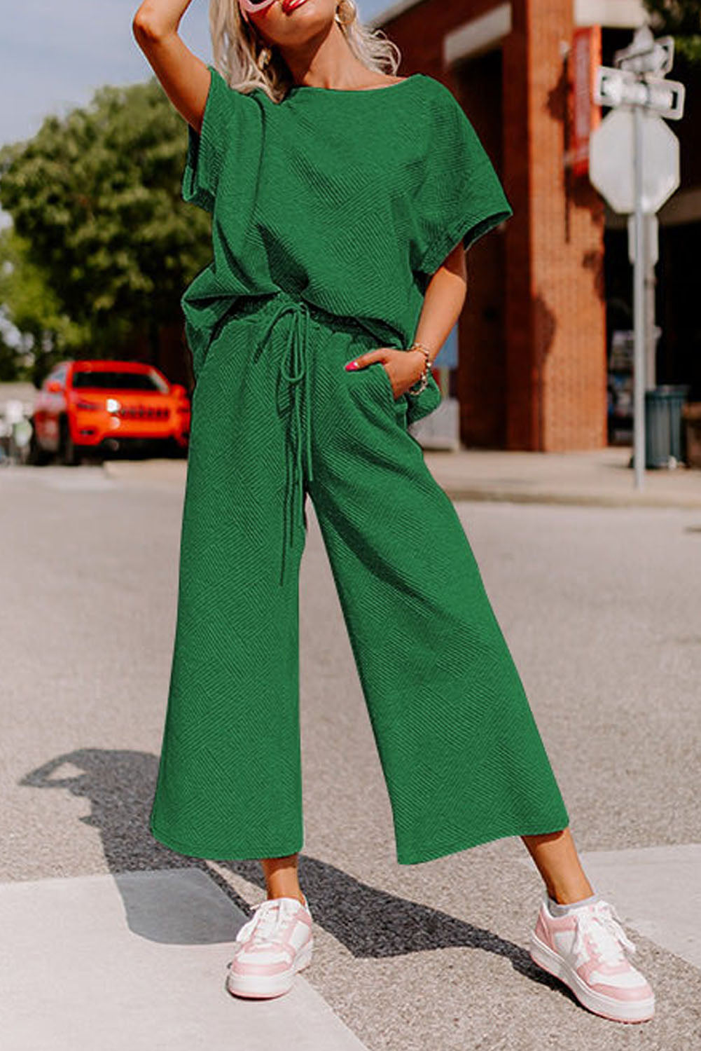 Dark Green Textured Loose Fit T Shirt and Drawstring Pants Set