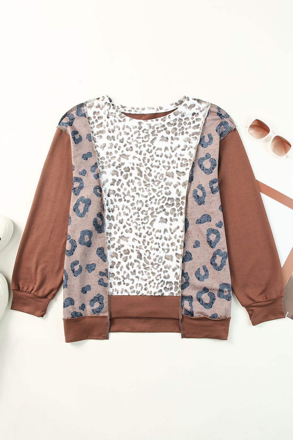 Leopard Patchwork Drop Shoulder Long Sleeve Top