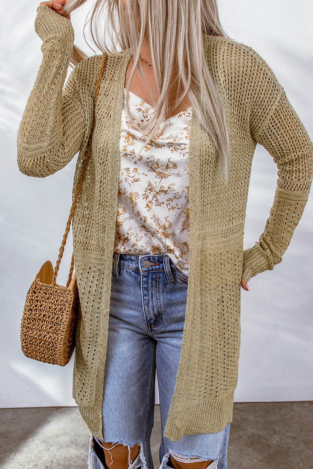 Apricot Lightweight Hollowed Knit Open Front Cardigan