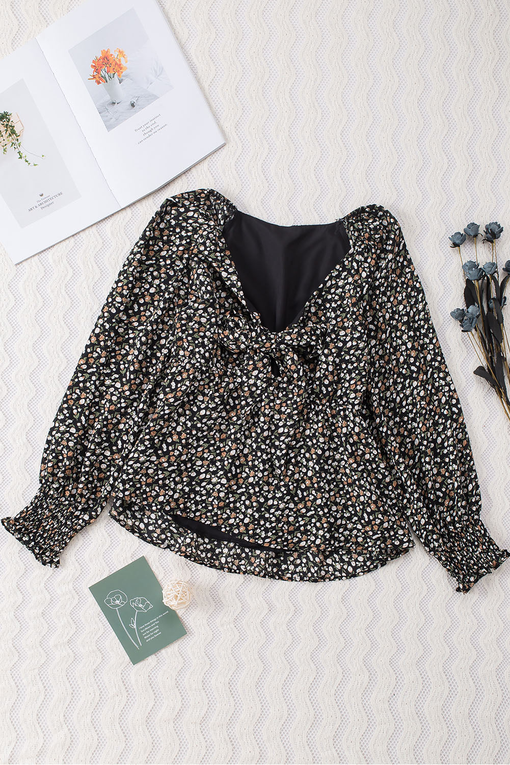 Black Floral Print Front Tie Ruffled Long Sleeve Blouse