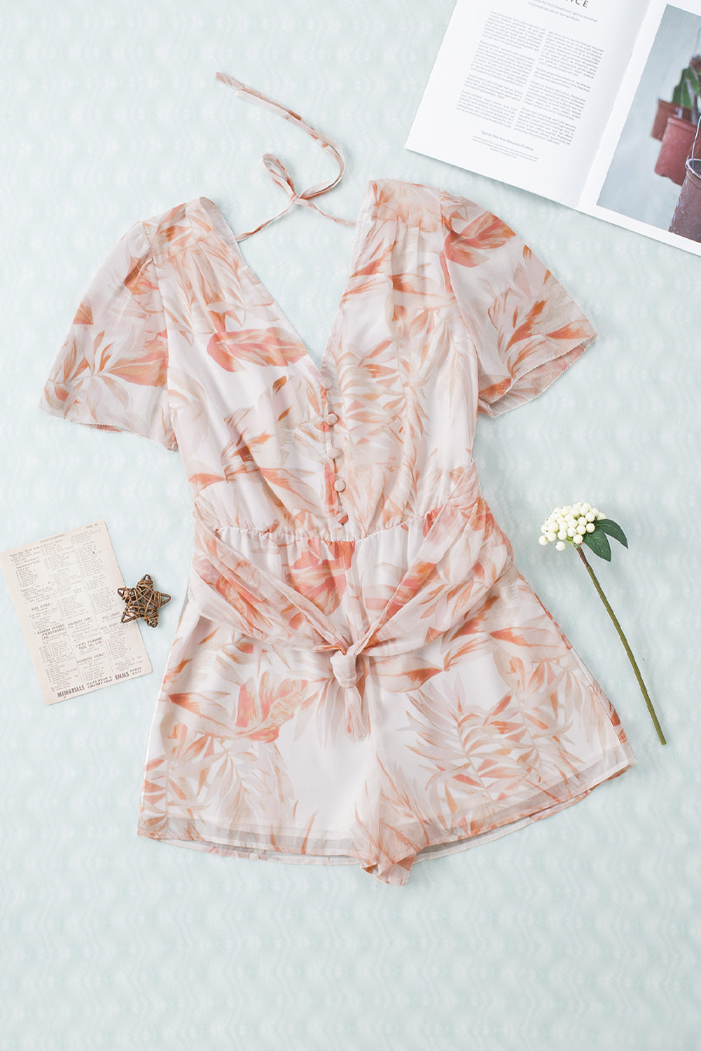 Khaki Tropical Leaf Print Button Belted Chiffon Romper