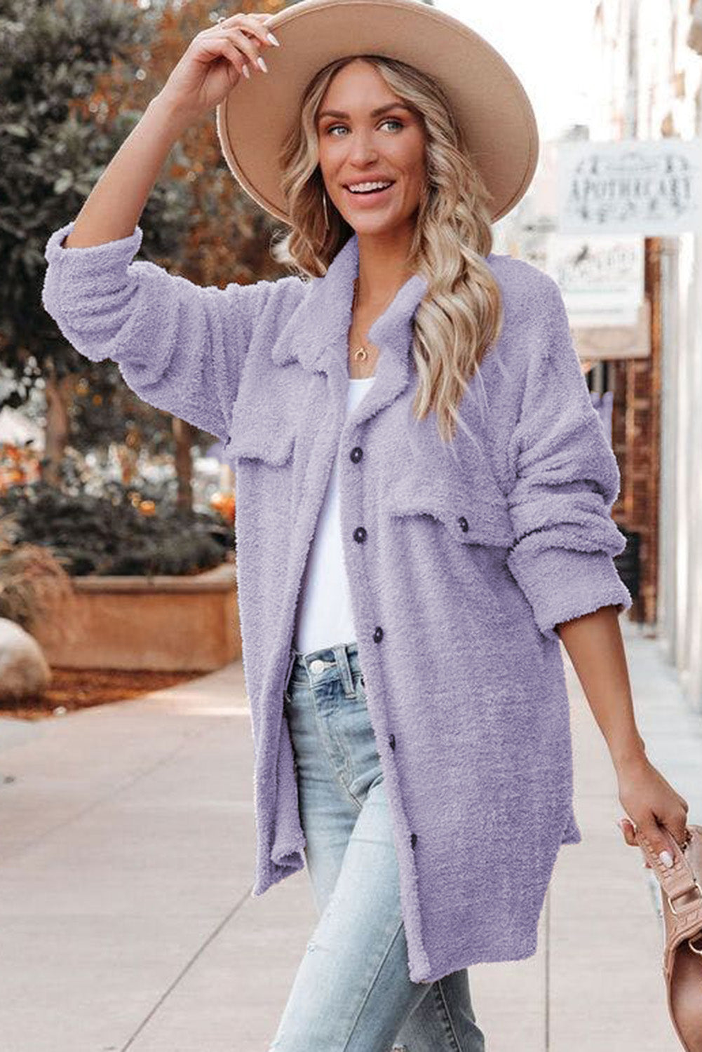 Purple Plush Button Down Pocketed Shirt Jacket