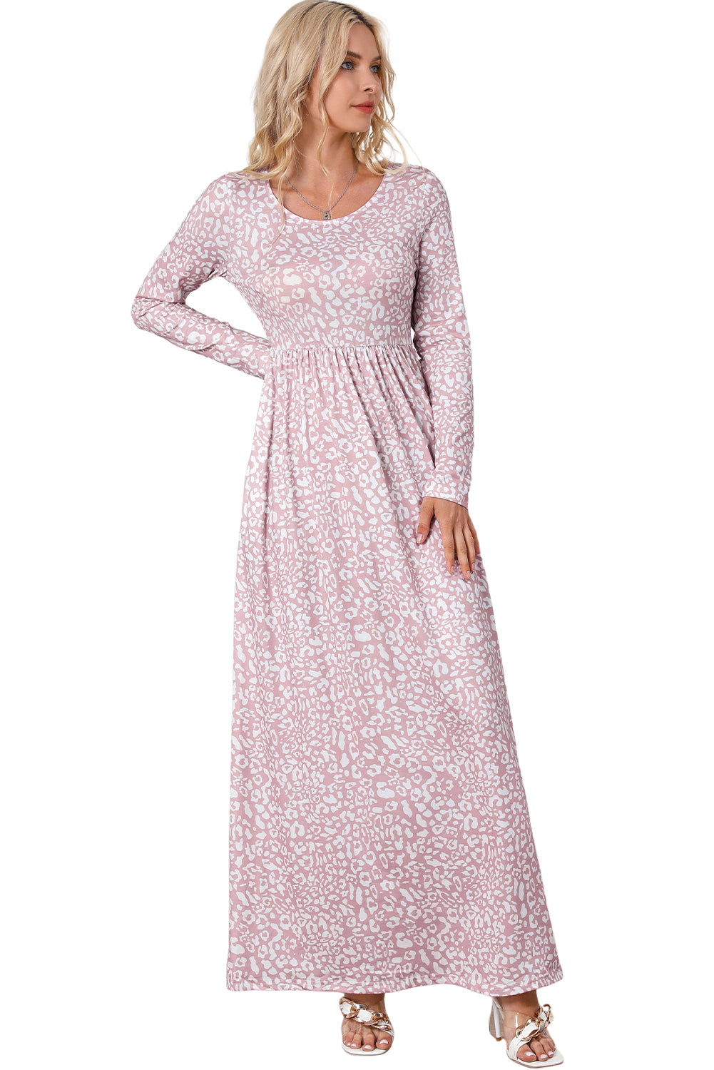 Leopard Animal Print Long Sleeve Empire Waist Maxi Dress