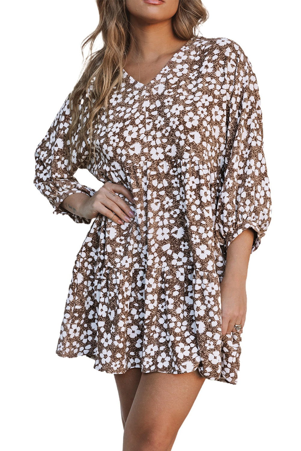 Brown V Neck Daisy Print Empire Waist Mini Dress