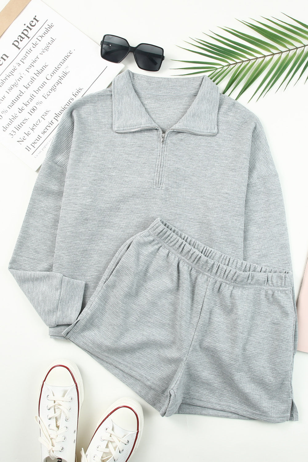 Gray Ribbed Zipper Sweatshirt and High Waist Shorts Set