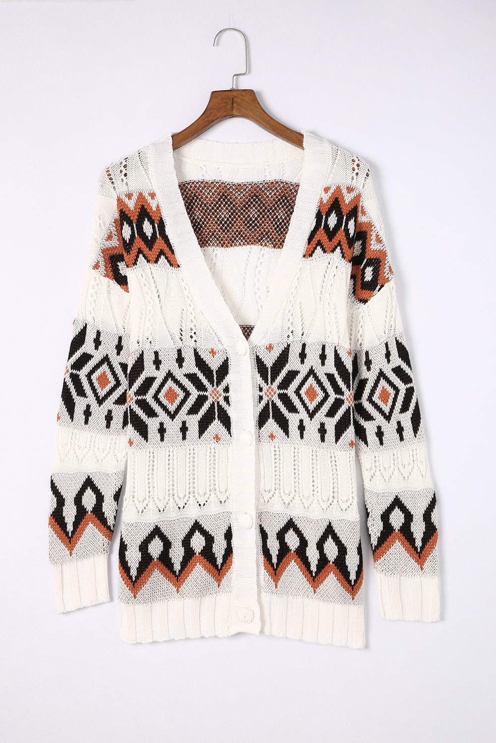 White Tribal Pattern Hollowed Knit Long Cardigan