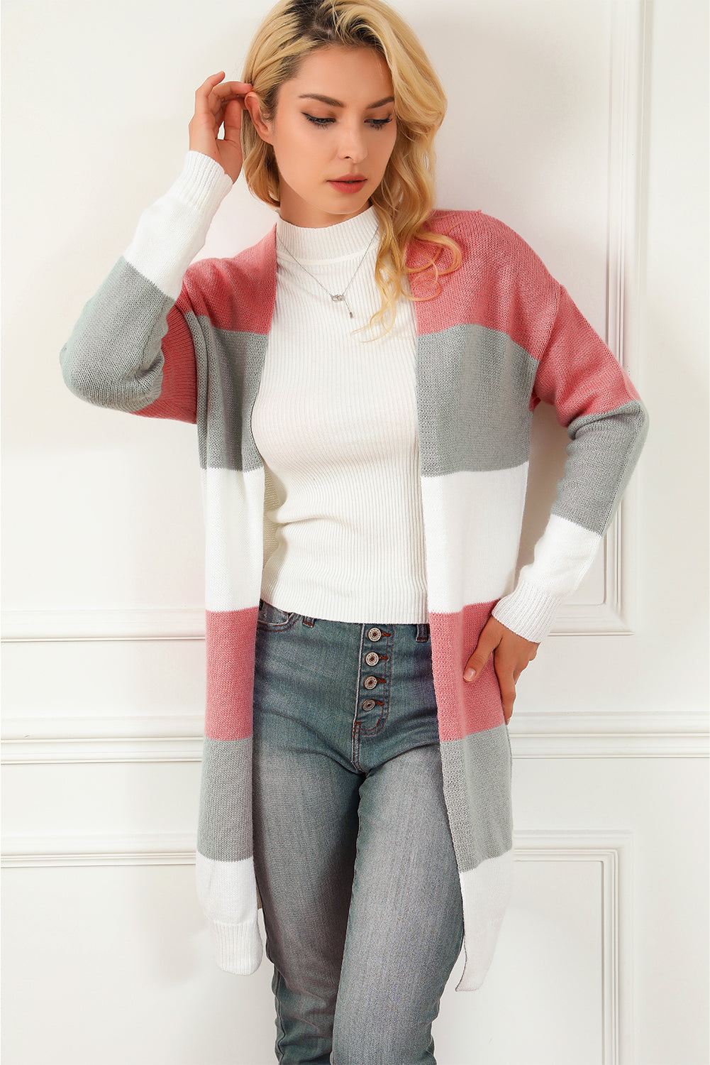 Green Colorblock Stripe Open-Front Cardigan