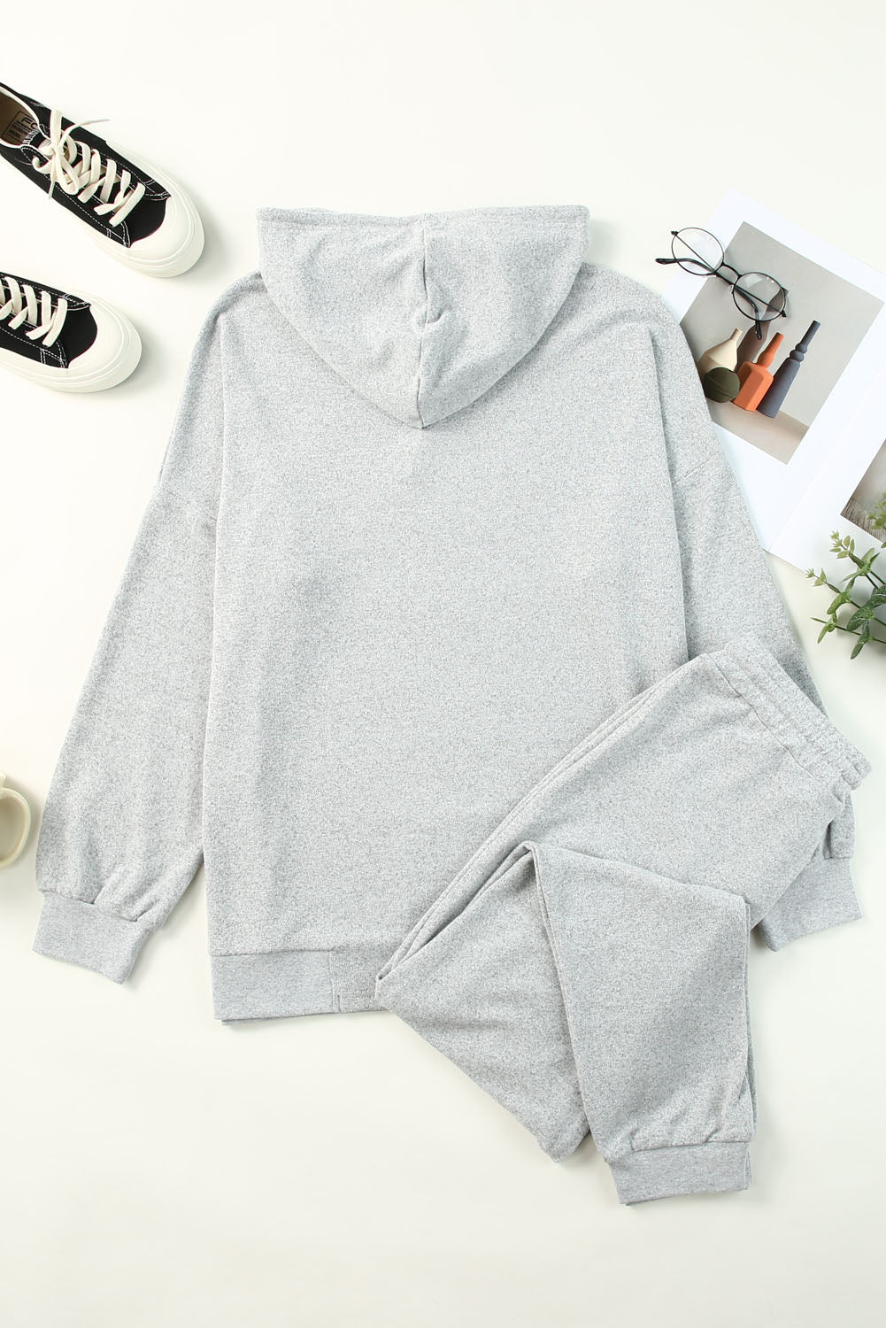 Gray Hooded Drawstring High Waist Two Piece Loungewear