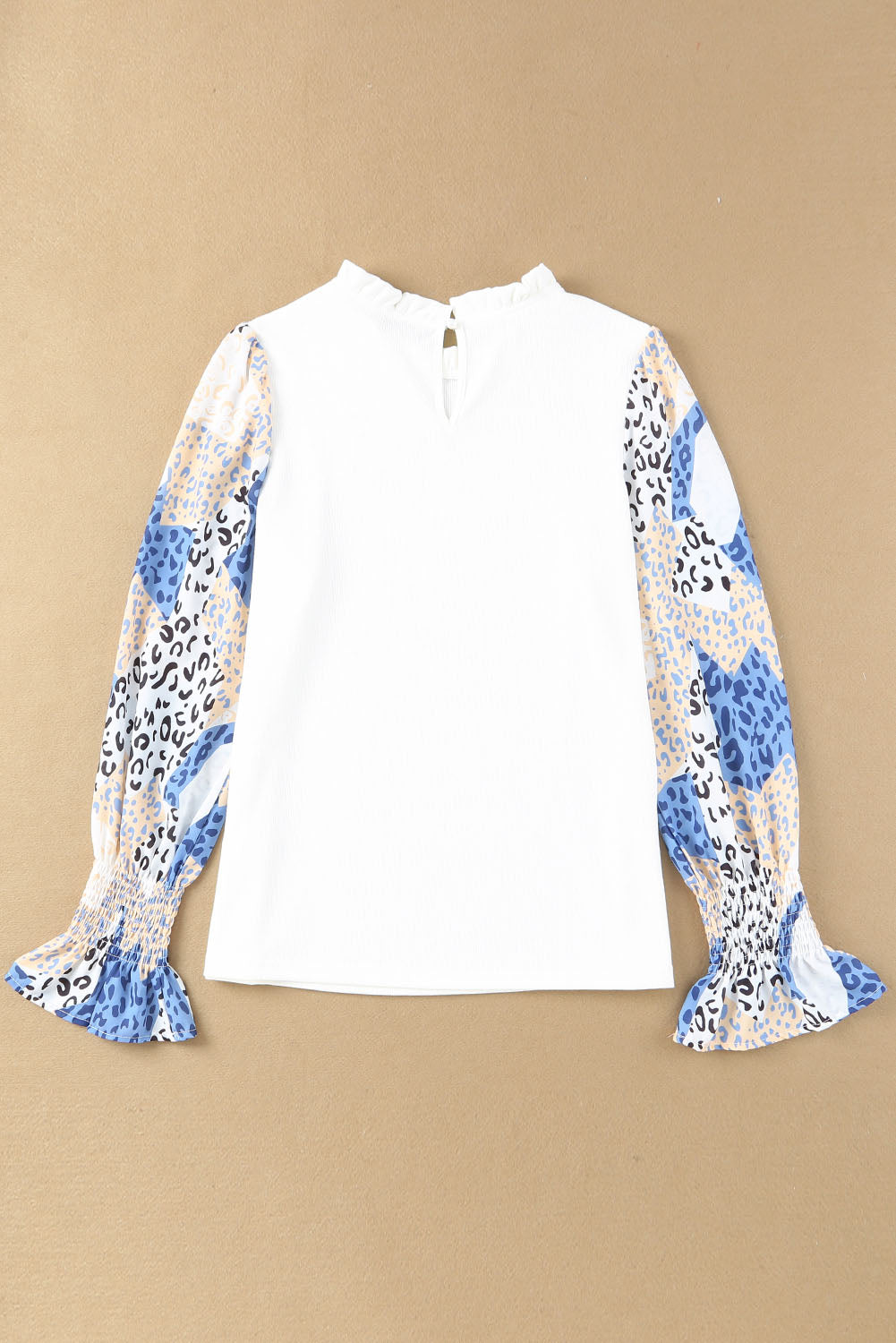 White Leopard Color Block Ruffled Blouse