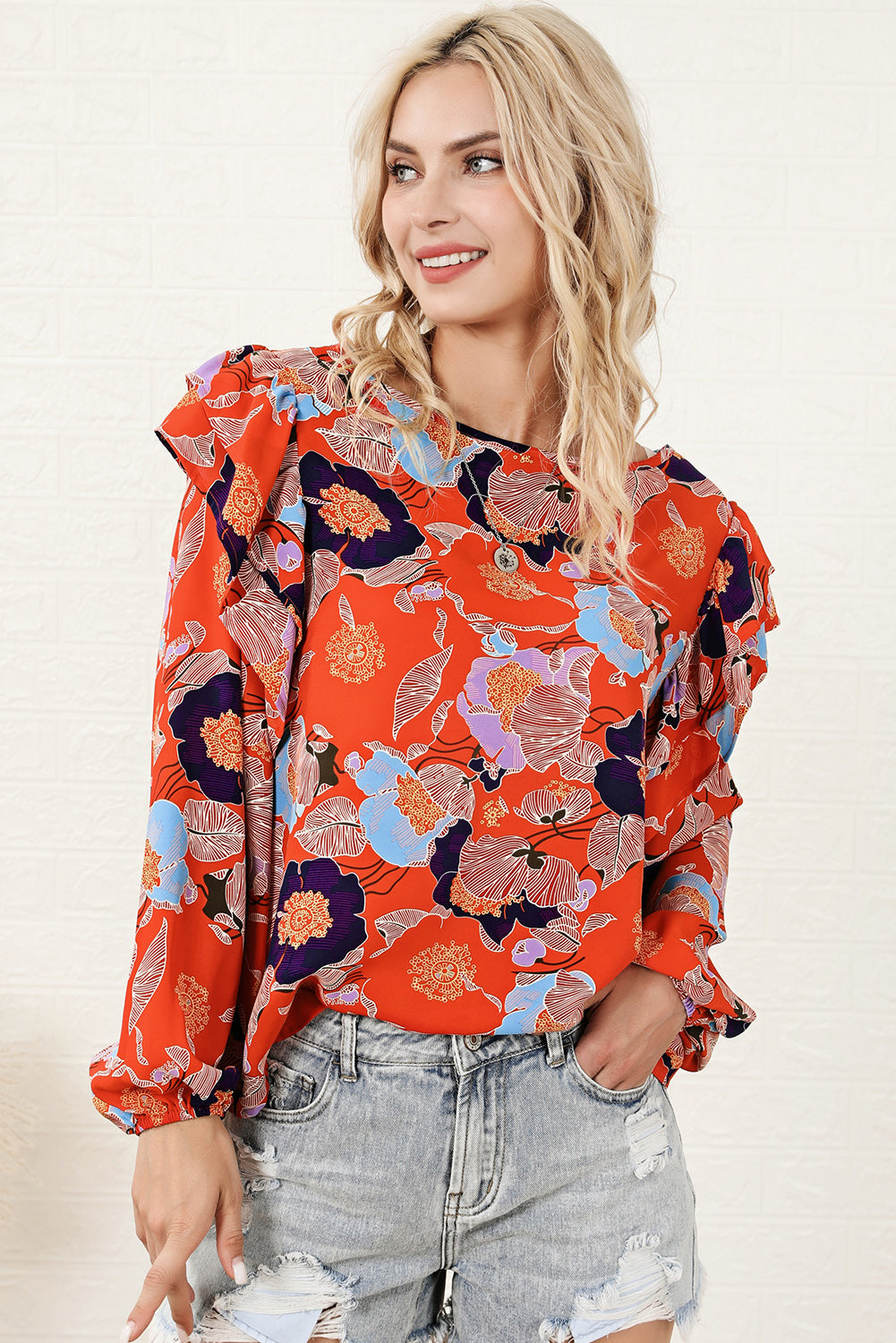 Red Floral Print Ruffle Puff Sleeve Blouse