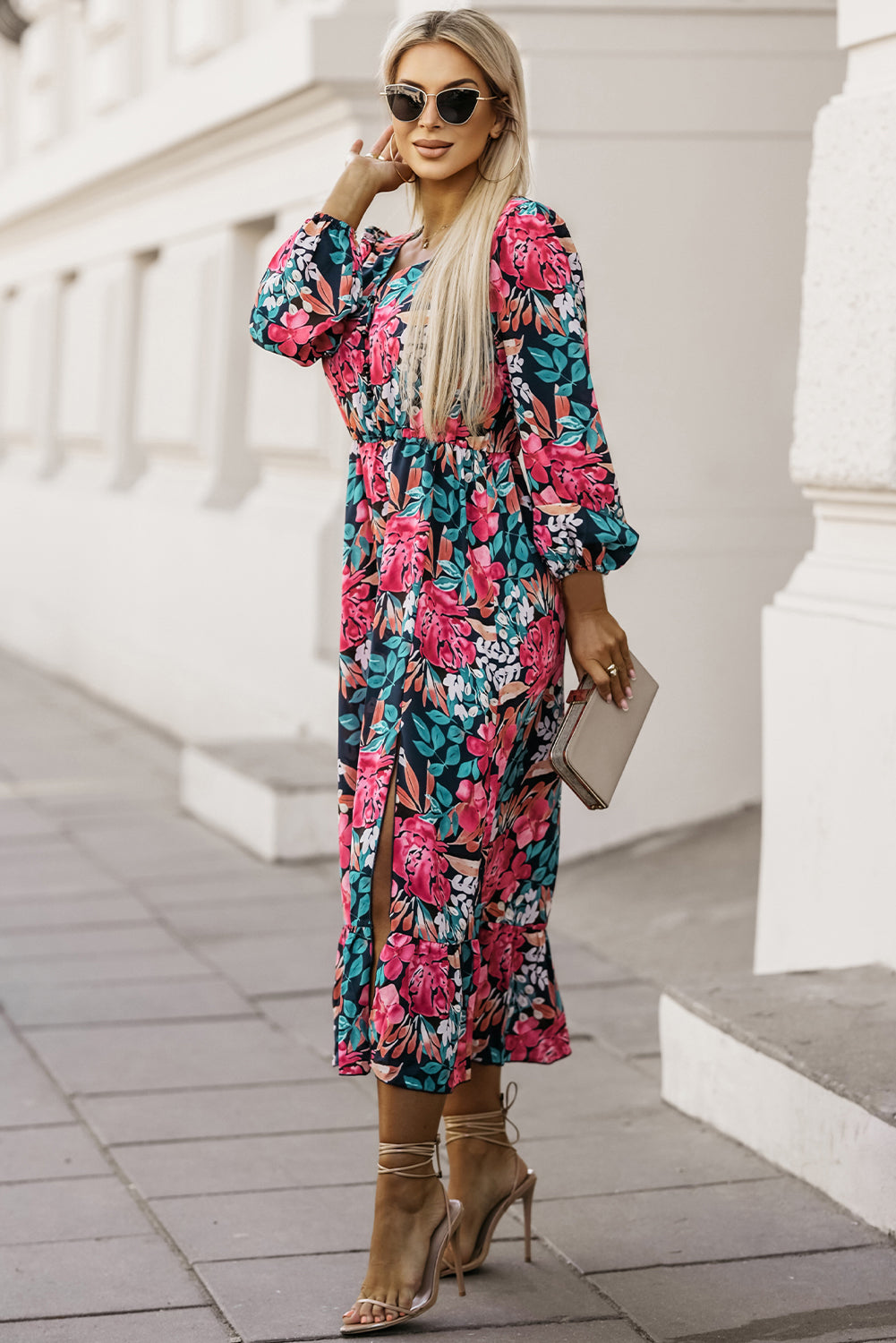 Red V Neck Elastic High Waist Split Floral Dress