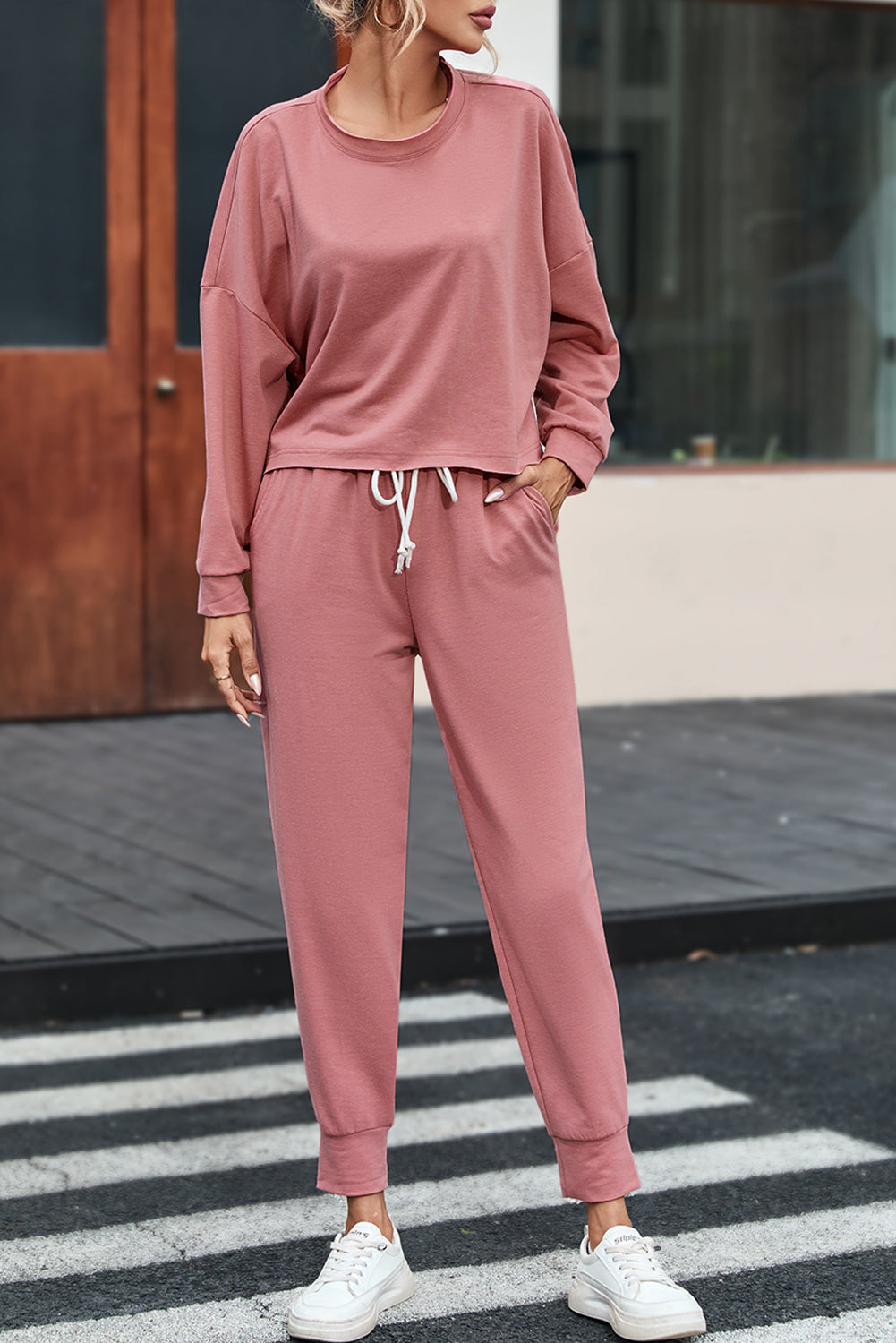 Pink Solid Sport Boxy Fit Pullover & Pants Outfit