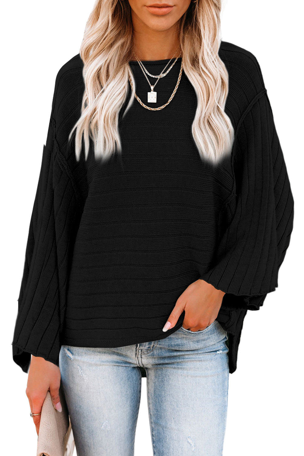 Black Exposed Seam Ribbed Knit Dolman Top