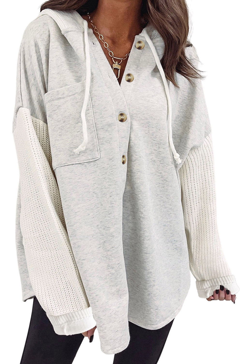 Gray Button Up Contrast Knitted Sleeves Hooded Jacket