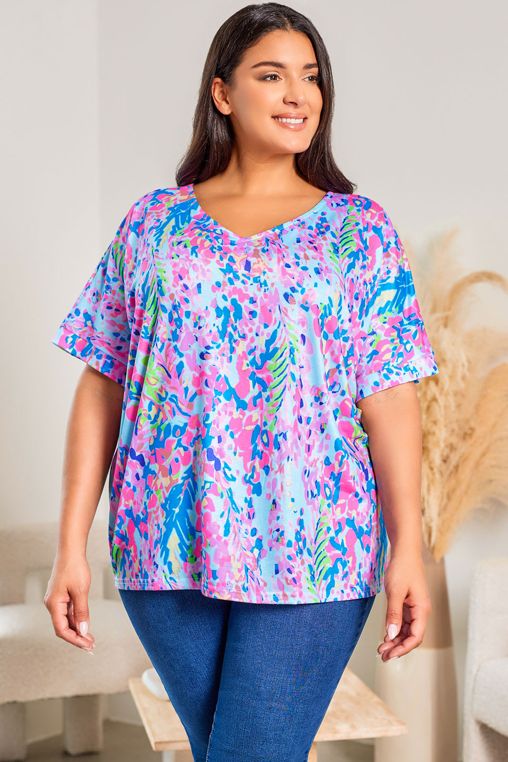 Sky Blue Plus Size Plant Print V Neck T-shirt