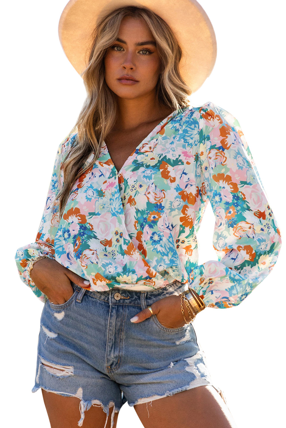 Sky Blue Floral Print Wrap Long Sleeve Bodysuit