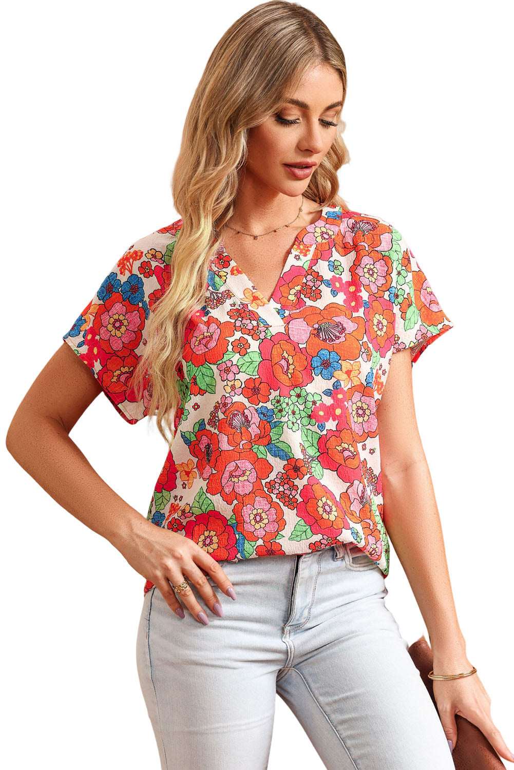 Red Floral Split Neck Top