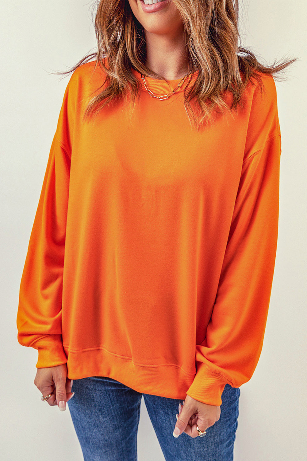 Orange Plain Crew Neck Pullover Sweatshirt