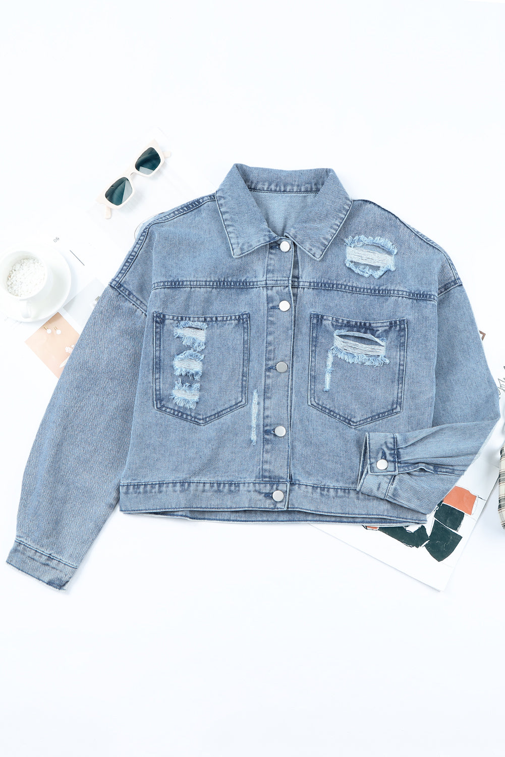 Sky Blue Rhinestone Fringe Denim Jacket