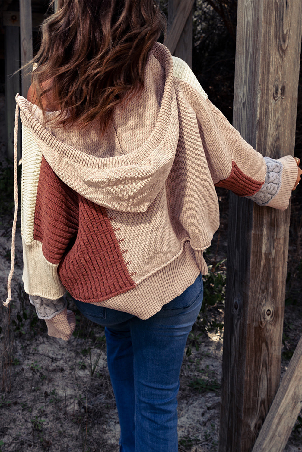 Khaki Color Block V-Neck Long Sleeve Relaxed Sweater