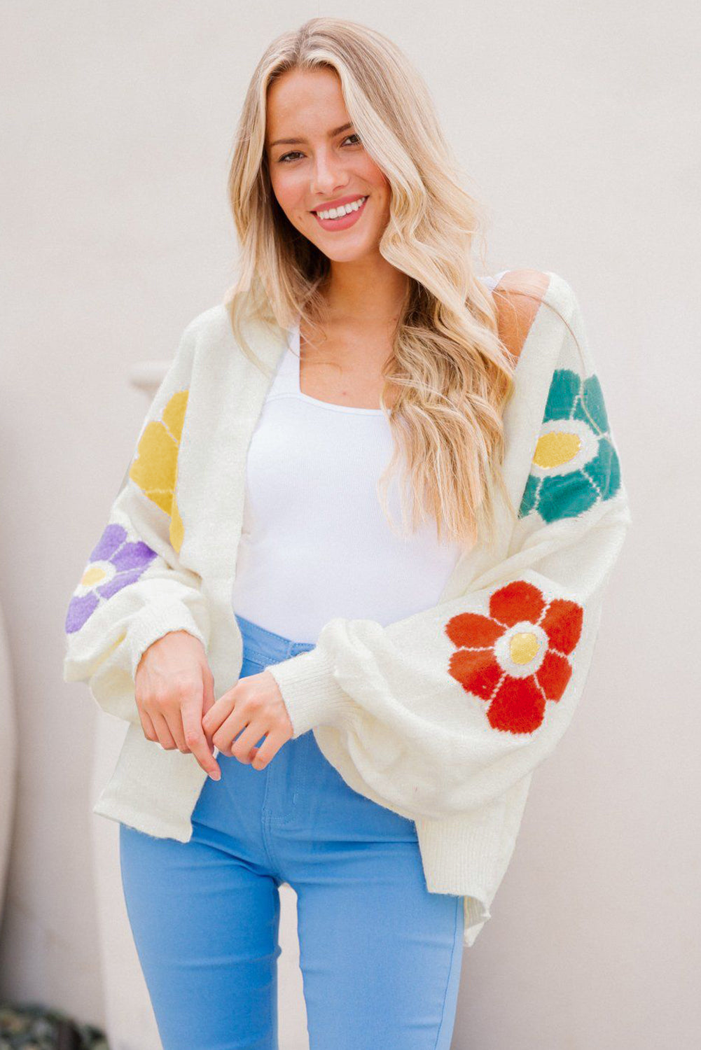 White Flower Jacquared Bubble Sleeve Open Cardigan