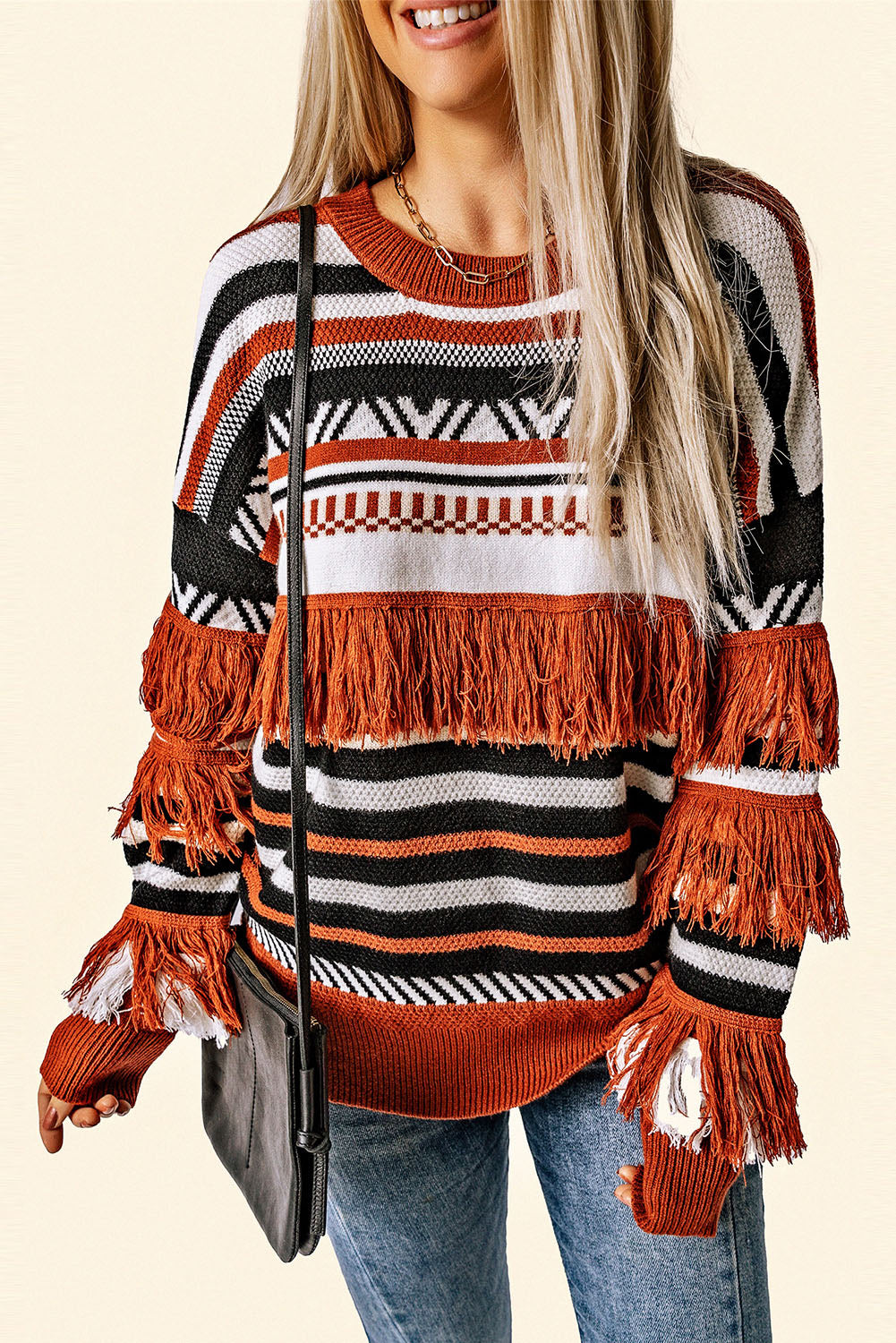 Multicolor Round Neck Striped Sweater with Fringe