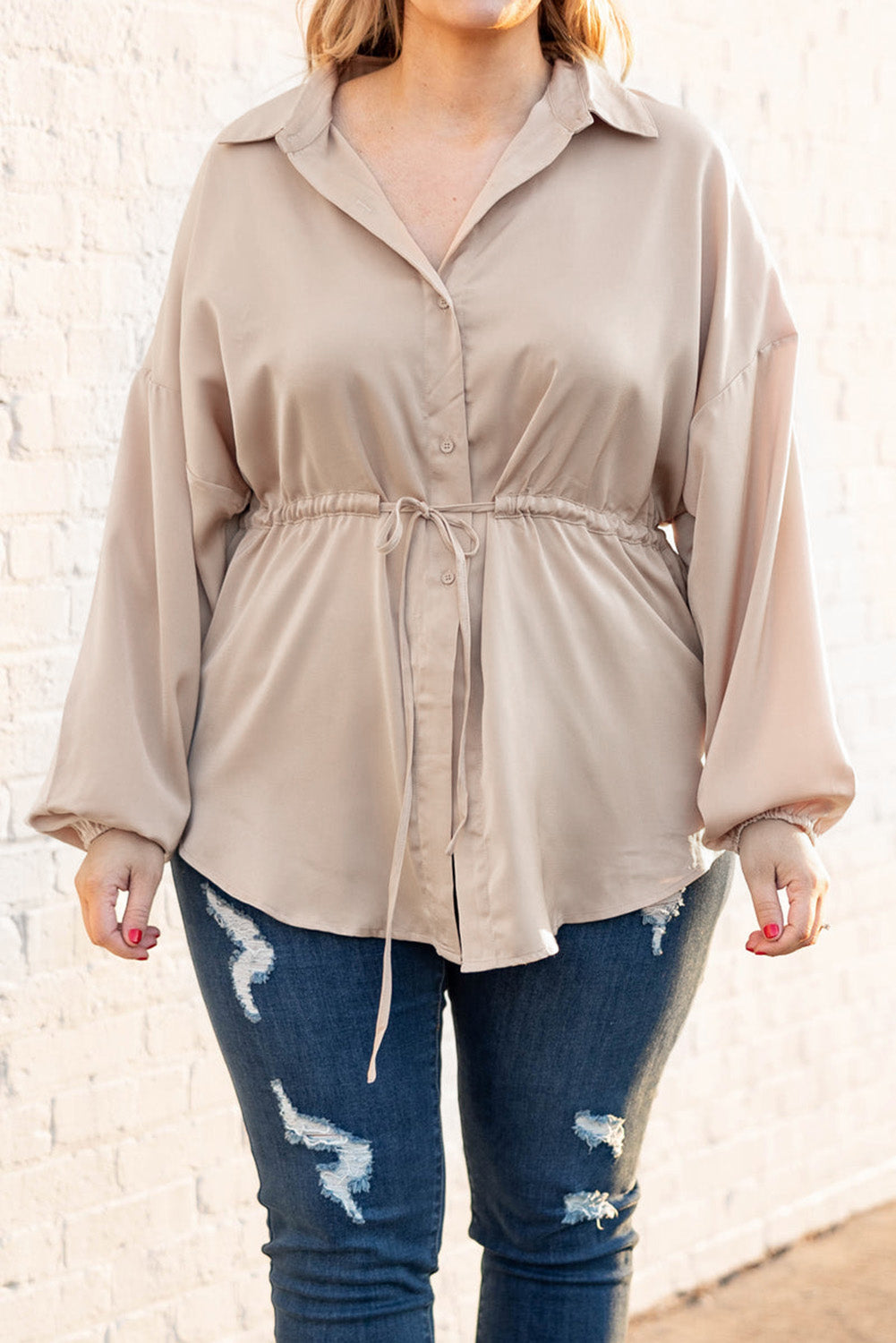 Flaxen Plus Size Puff Sleeve Tied Tunic Shirt