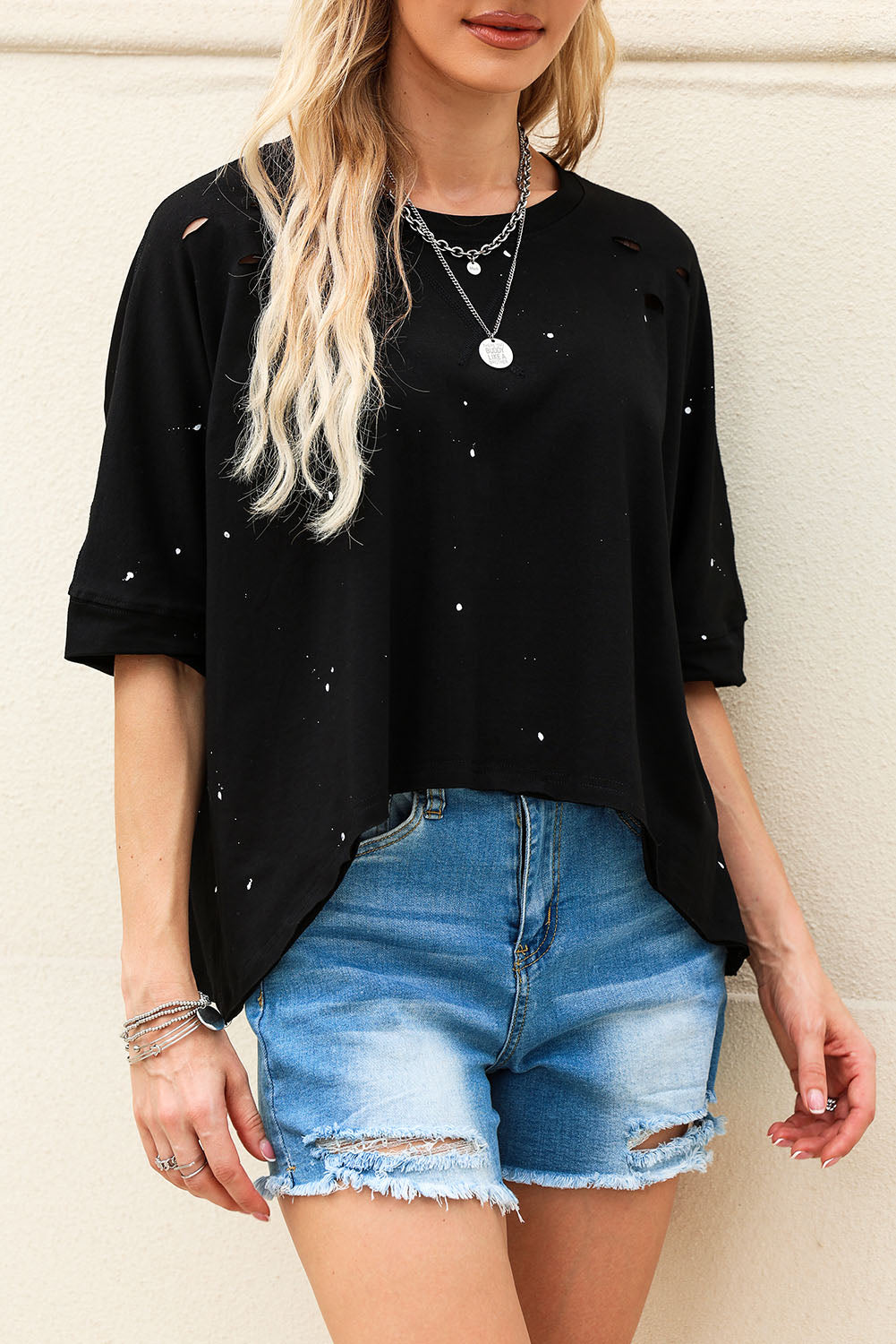 Black Distressed Bleached Asymmetric Hem Short Sleeve Top