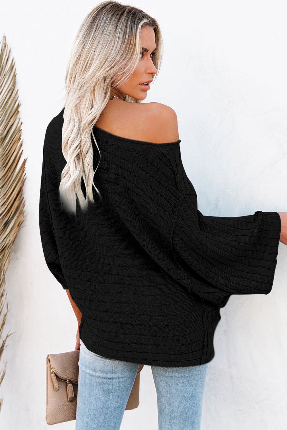 Black Exposed Seam Ribbed Knit Dolman Top