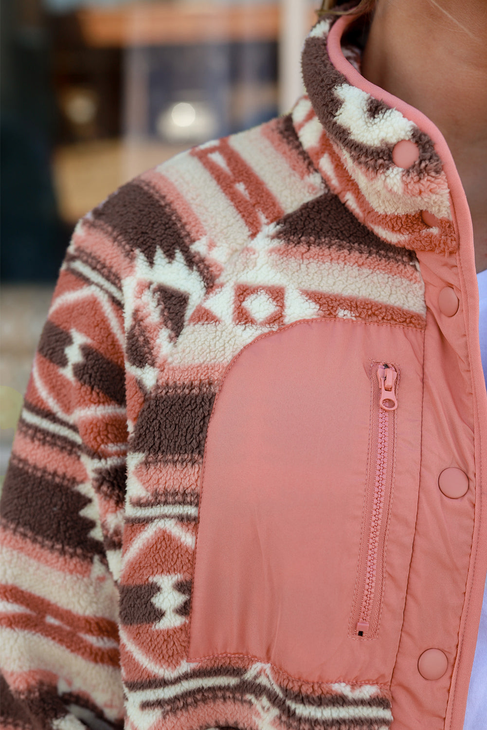 Pink Western Colorblock Snap Buttoned Sherpa Jacket