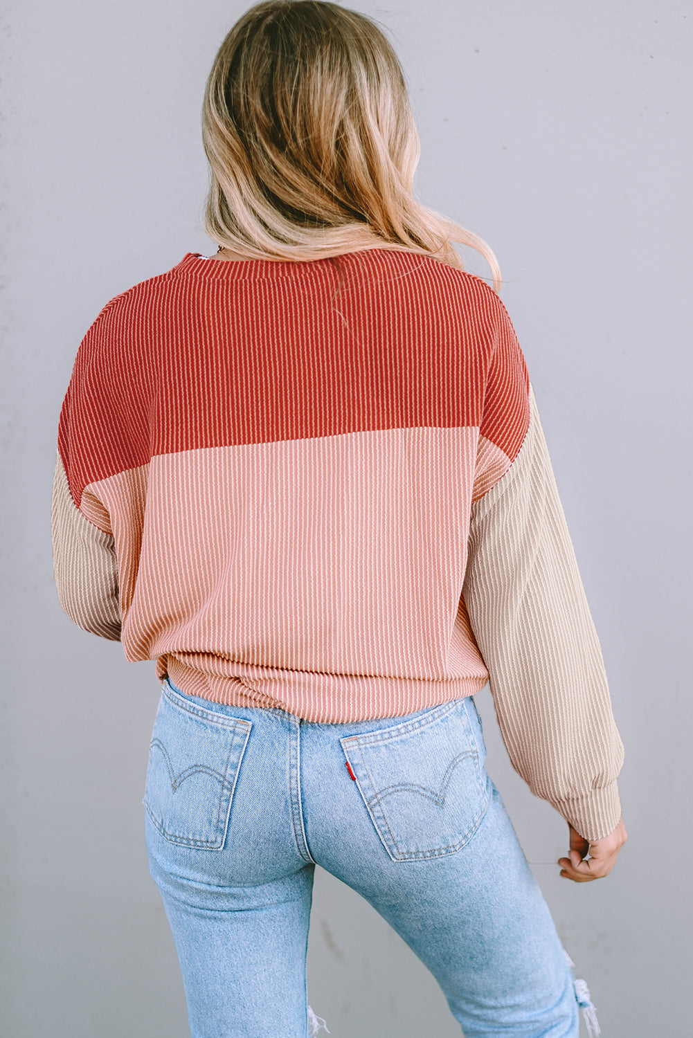 Red Color Block Long Sleeve Ribbed Loose Top