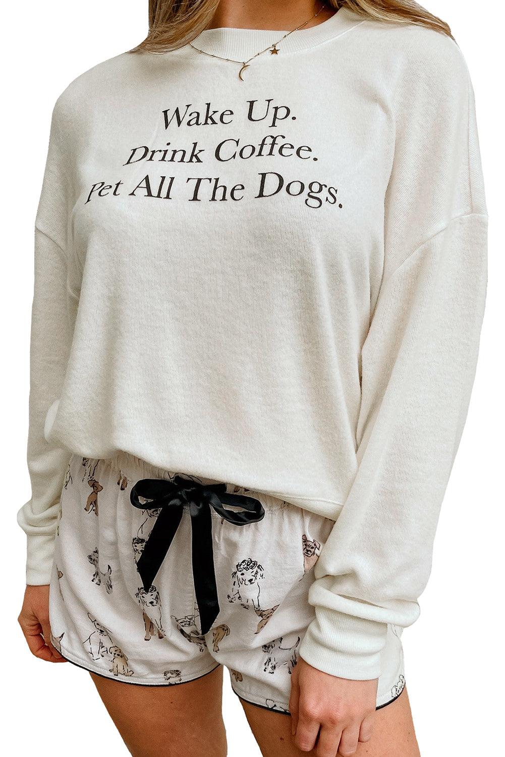 White Long Sleeve Letters Pullover and Animal Shorts Lounge Set