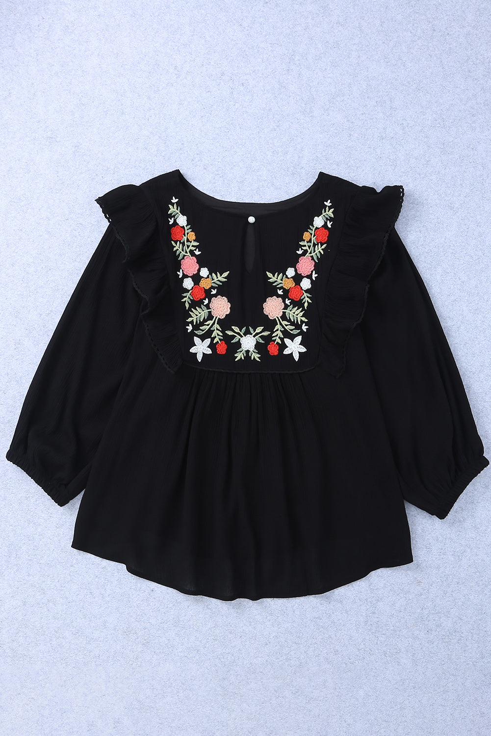 Black Bohemian Floral Embroidered Ruffled Babydoll Top