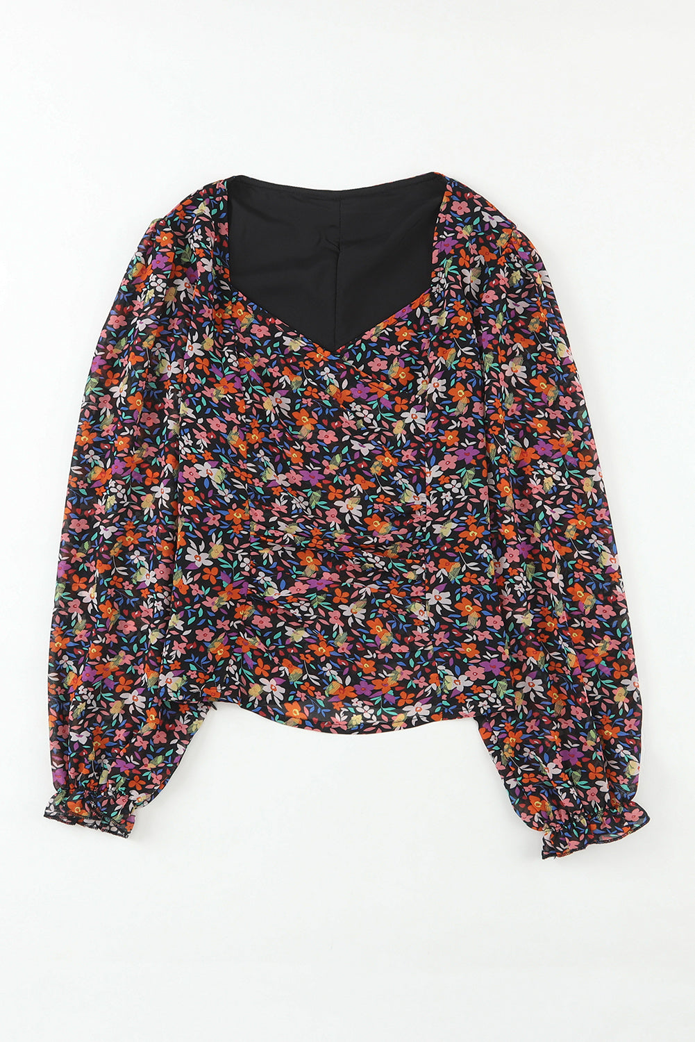 Black  V Neck Bubble Sleeve Floral Blouse