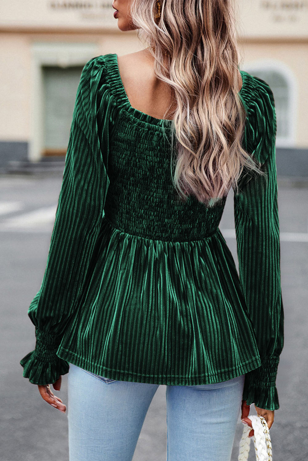 Blackish Green Smocked Ribbed Velvet Babydoll Top