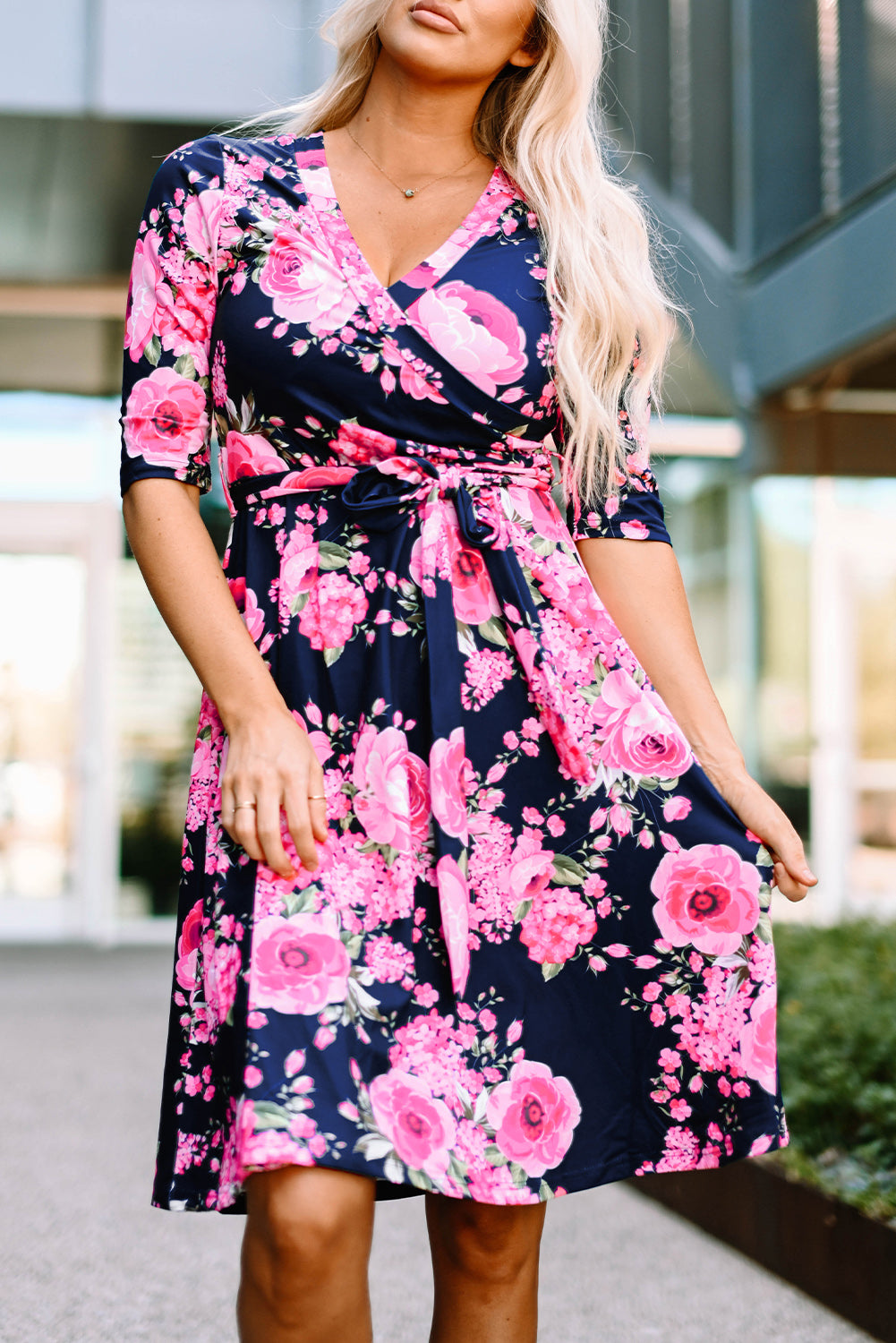 Blue Wrap V Neck Floral Dress with Belt