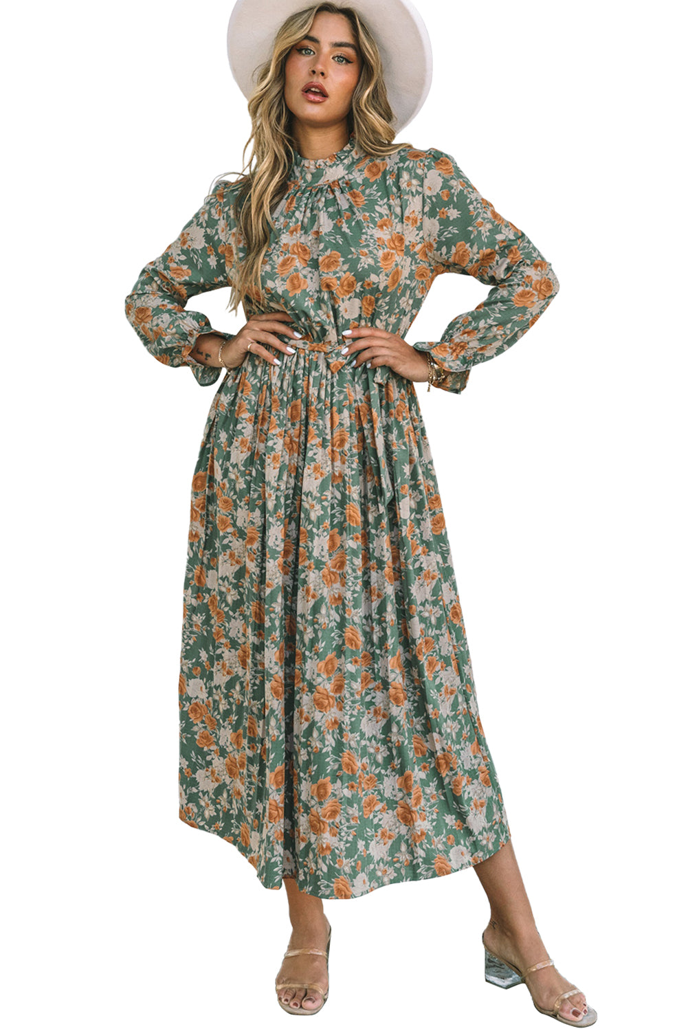 Green Pleated Long Sleeve Maxi Floral Dress with Tie