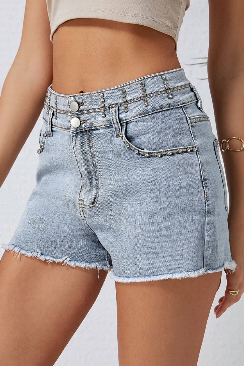 Sky Blue Diamond Studded Vintage Wash Denim Shorts